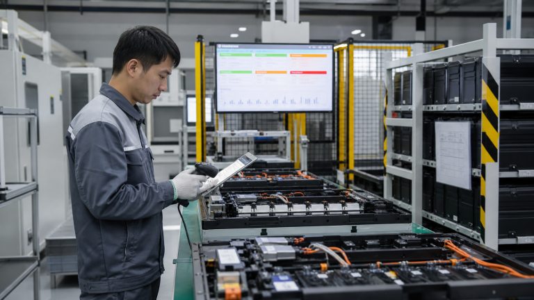 质量检测工位和追溯看板与新能源制造相关的企业现场配图
